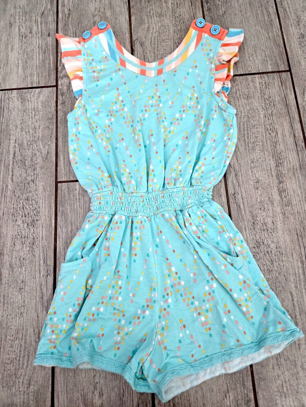 Matilda Jane Girls Dream Chasers Aqua Confetti Dot Flutter Sleeve Romper Size 10